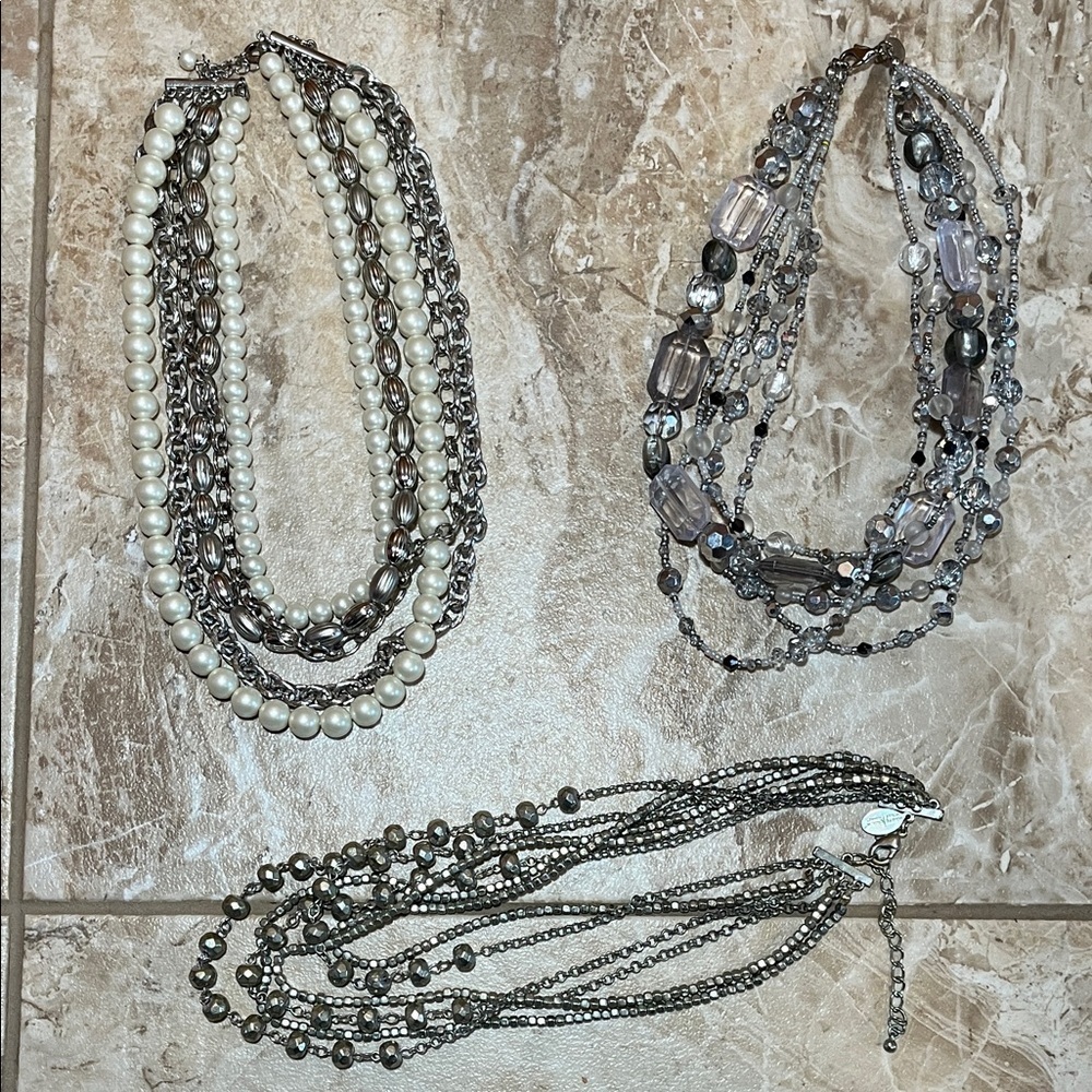 White House Black Market Multi-Strand Pearl and Silver Necklace Bundle Set of 3